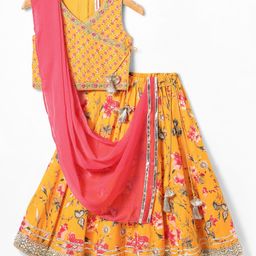 Babyhug Woven Sleeveless Lehenga Choli Set & Dupatta with Floral Print & Lace Detailing - Yellow & Peach-image-26