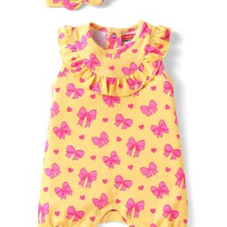 Babyhug 100% Cotton Knit Sleeveless Bow & Hearts Printed Romper with Headband - Yellow-image-89