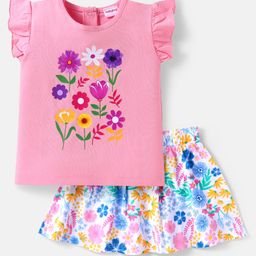 Babyhug Single Jersey Frill Sleeves Top & Skirt Set With Floral Print - Pink & White-image-44