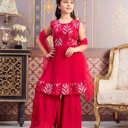 Aarika Georgette Sleeveless Leaves Embroidered Kurta Sharara With Dupatta Set - Pink-picture-13