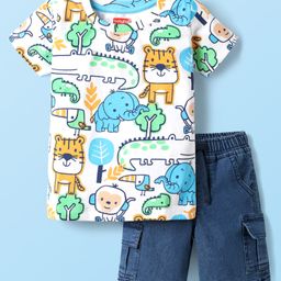 Babyhug Single Jersey Knit Half Sleeves T-Shirt & Denim Shorts Set With Animal Print - White & Blue-image-30