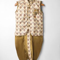 Dapper Dudes Sleeveless Ethnic Motifs Printed Dhoti Kurta Set - Cream-image-4
