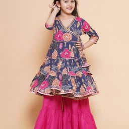 Bitiya By Bhama Cotton Woven Three Fourth Sleeves Floral Printed Gota Lace Embellished Kurta Sharara Set - Navy Blue-image-52
