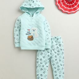Bumzee Knit Full Sleeves Hooded Winter Wear Set With Bear Print & Embroidery - Aqua Blue-picture-29