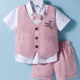 Mini Taurus Cotton Woven Half Sleeves 3 Piece Party Suit with Bow Applique & Giraffe Embroidery - Pink-picture-21