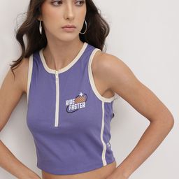 The Roadster Life Co. Women Typography Printed Slim Fit Crop T-shirt with Zip Closure-picture-9