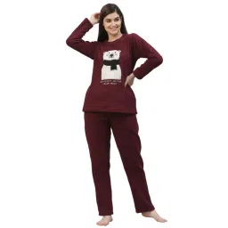 Sweet Dreams Women Applique Polar Fleece Round Neck Full Sleeve Winter Nightsuit-Wine-picture-12