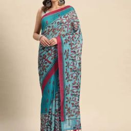 Silk Land Turquoise Printed Saree With Unstitched Blouse-picture-15