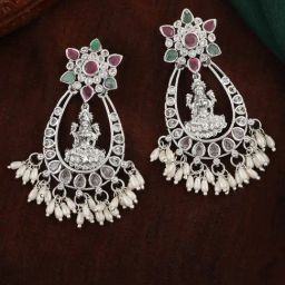 Estele Rhodium-Plated CZ Lakshmi Devi Design Pearls Dangler Earrings-image-74