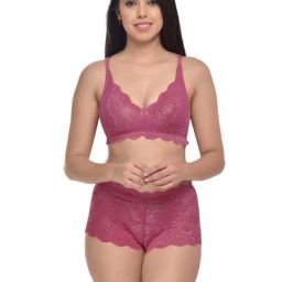 AROUSY Pink Self Pattern Bra & Panty Set-image-91