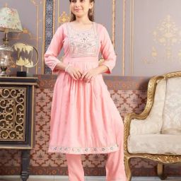 Aarika Girls Peach Embroidered Kurti Set-image-42