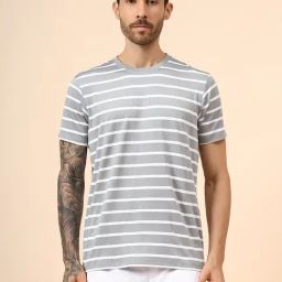 Cantabil Grey Regular Fit Striped T-Shirt-picture-12