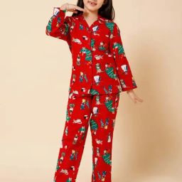 Piccolo Kids Red Printed Regular Fit Shirt, Pajamas & Slippers-image-51