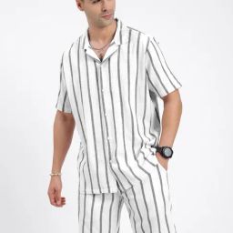 SHOWOFF White Slim Fit Stripes Shirt Shorts Set-image-81