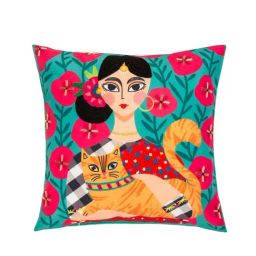 Chumbak Cat Lady Green & Pink Cushion Cover - Set of 1-44
