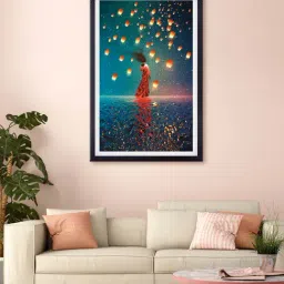 999store Blue & Red Fire Sky Lanterns Printed Canvas Painting-26