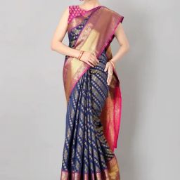 Silk Land Navy Silk Woven Saree With Unstitched Blouse-image-44