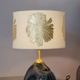 FOS LIGHTING Black Marble Table Lamp with Gold Embroidered Drum Shade-12