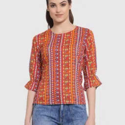 Style Quotient Women Orange And Multi Ethnic Printed Polyester Smart Casual Top-image-53