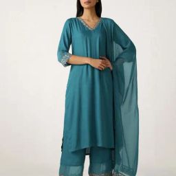 Ancestry Teal Blue Embroidered Dupatta-picture-22