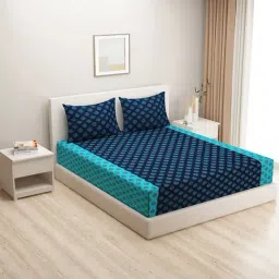 Swayam   Floral Blue & Green 200 TC Cotton King Bedsheet with 2 Pillow Covers-picture-1