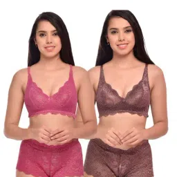 AROUSY Pink & Brown Self Pattern Bras & Panties Set - Pack Of 2-image-83