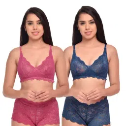 AROUSY Pink & Blue Self Pattern Bras & Panties Set - Pack Of 2-image-66