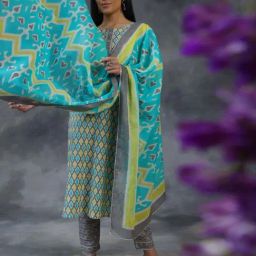 Libas Grey Cotton Printed Kurta Pant Set With Dupatta-image-13