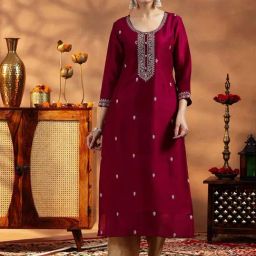 Libas Maroon Straight Fit Embroidered Kurtas-picture-2