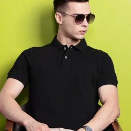 Hancock Black Cotton Slim Fit Solid Polo T-Shirts-image-37