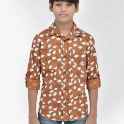 Crimsoune Club Kids Brown & White Cotton Floral Print Full Sleeves Shirt-image-49