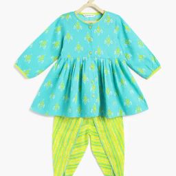 Campana Kids Turquoise & Lime Green Printed Full Sleeves Kurta with Dhoti-image-28