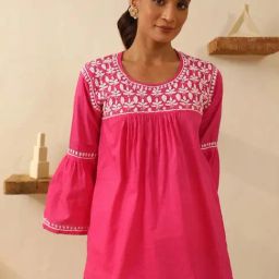 House of Chikankari Pink Chikankari Cotton Woven Short Kurta-image-11