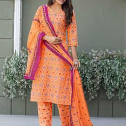 Mitera Floral Printed V-Neck Straight Kurta With Trousers & Dupatta-picture-23