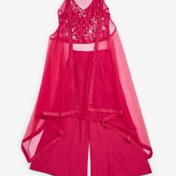 Utsa Kids by Westside Pink Floral Embroidered Top, Palazzos & Shrug Set-picture-30