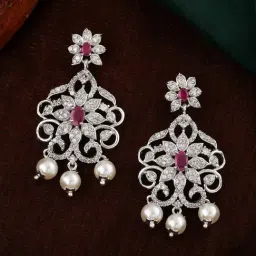 Estele Rhodium-Plated CZ Fascinating Pearl & Crystals Dangler Earrings-image-73