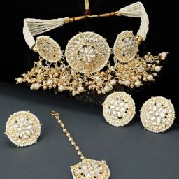 Zaveri Pearls Gold Tone Traditional Kundan Choker Necklace Earring Maangtikka Ring Set-ZPFK11238-image-23