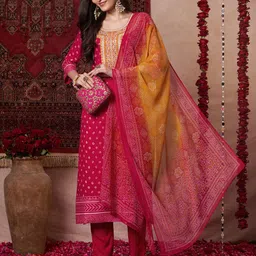 GoSriKi Bandhani Printed Sequunied Straight Kurta With Trousers And Dupatta-27