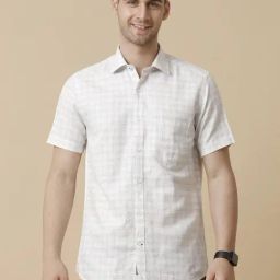 Linen Club Blue Linen Contemporary Fit Checks Shirt-image-28
