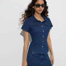 Nuon by Westside Dark Blue Cotton-Blend Denim Shirt-image-74