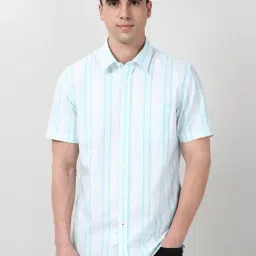Peter England White Cotton Slim Fit Striped Shirt-picture-4