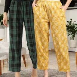 Kryptic Mustard & Green Cotton Relaxed Fit Printed Lounge Pants - Pack of 2-image-88