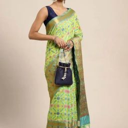 Silk Land Green Silk Woven Saree With Unstitched Blouse-picture-4