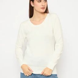 MADAME Off White Acrylic Solid Full Sleeves Sweater-43
