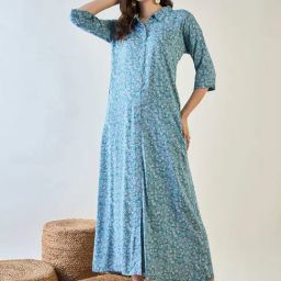 The Kaftan Company Blue Viscose Regular Fit Floral Sleepwear Robes-image-96
