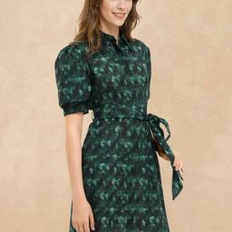 RAREISM Green Linen Printed Short Sleeves Dress-image-68