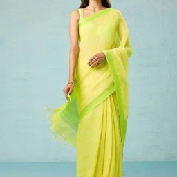 Taneira Yellow Linen Plain Saree With Unstitched Blouse-image-61