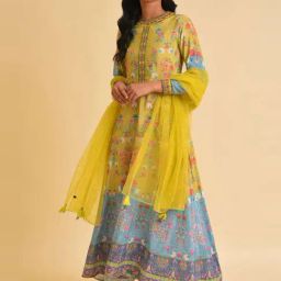 Wishful by W Yellow Printed Maxi Dress With Dupatta-image-16