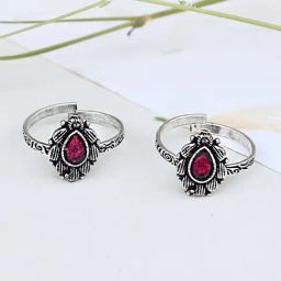 Teejh Ethnic Pravya Pink Stone Silver Oxidized Toe Rings for Women-image-87