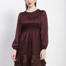 MADAME Wine Striped Fit & Flare Dress-image-10